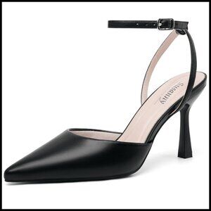 Stiletto Closed Toe Backless Pumps Elegant Kitten Heels Adjustable Ankle Strap